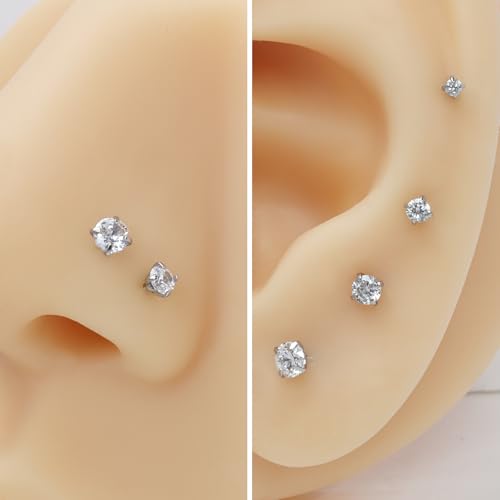 8PCS G23 Titanium Nose Rings Studs - 20G Nose Screw Studs Silver Diamond Cubic Zirconia Corkscrew Rings Hypoallergenic Piercing Jewerly for Women Men 1.5mm 2mm 2.5mm 3mm4