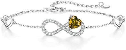 Qings Infinity Heart Birthstone Bracelet for Women, 925 Sterling Silver Birth Stone Love Hearts Bracelets Adjustable Charm Bracelet with Cubic Zirconia, Birthday Jewelry Gift for Girls