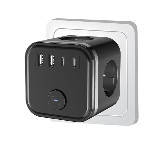 7 en 1 USB Cubo Enchufe, Ladron Enchufes 3680W, Múltiples Pared con 3 Tomas de CA, 2 USB, 2 Tipo C y Interruptor, regleta enchufes con USB, Cargador Ladron USB para Hogar Oficina, Negro