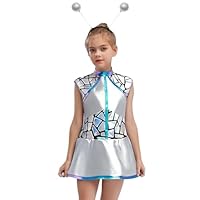 renvena Girls Alien Outfit Sequins Metallic Dance Dress with Antennas Kids Outer Space Fancy Dress