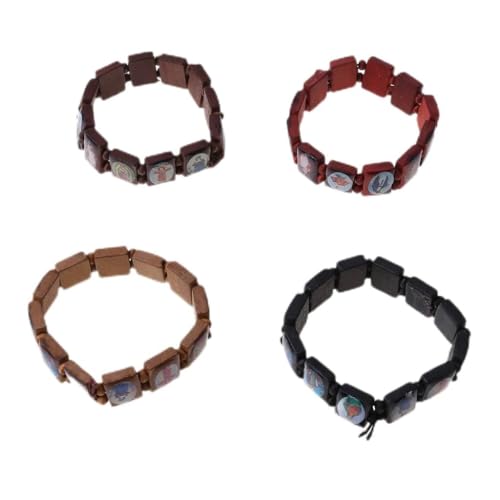 Lodoot Juego de 4 pulseras católicas de cuentas elásticas de madera, pulsera de rosario, joyería para hombres y mujeres