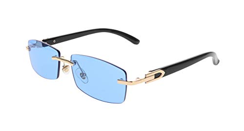 Flawless Slim Dean Rimless Sunglasses Rectangular Metal & Wood Art Glasses (Blue)