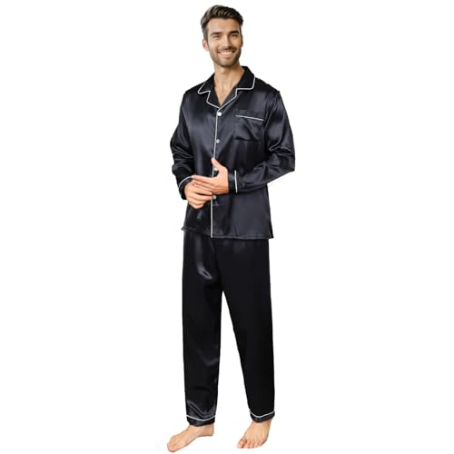 RuanMM - Conjunto de pijama de satén para hombre, camiseta de manga larga y pantalones largos, ropa de dormir sedosa, Negro Puro, XXL
