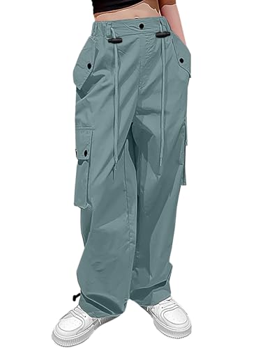 Image of HENGAO Girls Cargo Pants Parachute Casual Jogger Y2K 5-14 Years | Kids Baggy pants Parachute, Drawstring, with Pockets, Elastic High Waist, Loose Trousers Streetwear
