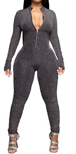 Womens Sexy Long Sleeve Lapel Metal Wire V Neck Solid Bodycon Party Clubwear Casual Jumpsuit Rompers Silvery #TOP19