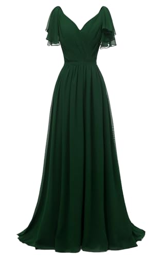 Image of Yexinbridal Ruffle Sleeves Bridesmaid Dresses V-Neck Chiffon Long Formal Wedding Evening Party Gowns for Women