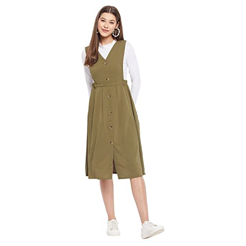 Image of WineRed Women Soild Pinafore Dress with Button