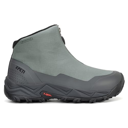 XPETI Winter Boots for Men Waterproof Hiking Boots Men Zipper Slip on Boot Grey Size 10.5