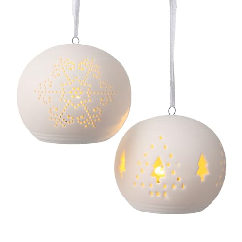 Yeerockal 2 Stück Weihnachtskugel Anhänger aus Keramik Weiss mit LED Belechtung | Baumbehang | Fensterbehang