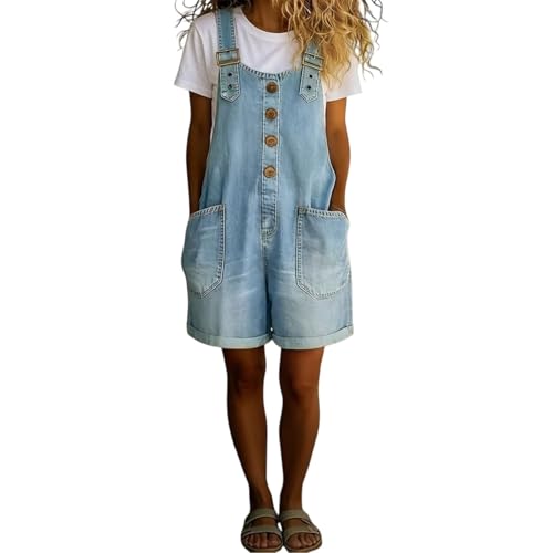 Image of Denim Dungarees for Women UK Loose Fit Sleeveless Casual Short Overalls Button Down Adjustable Straps Bib Shortalls Cotton Washed Distressed Vintage Playsuits with Front Pockets Maternity Jumpsuit