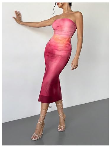 Image of MakeMeChic Women's Strapless Maxi Dress Cocktail Mesh Ombre Bodycon Tube Dresses