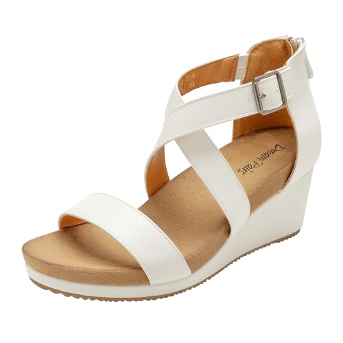 DREAM PAIRS Women's Open Toe Buckle Ankle Strap Summer Platform Wedge Sandals 7 White/Pu