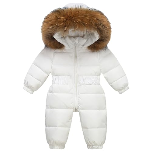 amropi Bébés Filles Combinaison de Neige à Fourrure Capuche Doudoune en Duvet Hiver Jumpsuit Blanc, 3-4 Ans