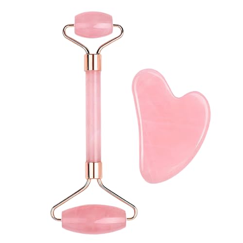 Rose Quartz Roller and Gua Sha Set Pink Jade Face Roller, Gua Sha Set, Anti Aging for Women Girls Men’s Massage Tool for Face, Neck and Body Muscle Relaxing, Pink