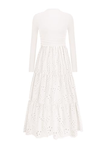 PRETTYGARDEN Long Sleeve Maxi Dress for Women 2026 Fall Eyelet A Line Elegant Classy Flowy Mock Neck Spring Vacation Dresses(White,Small)