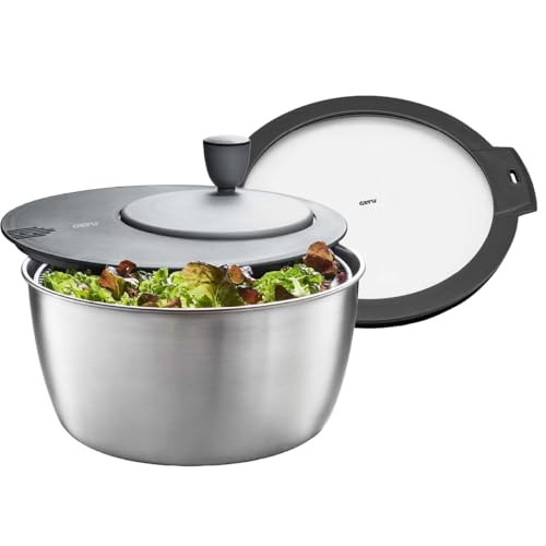 GEFU Salatschleuder Rotare mit Frischhaltedeckel 4L Edelstahl-Schüssel mit Siebeinsatz & Kurbelantrieb