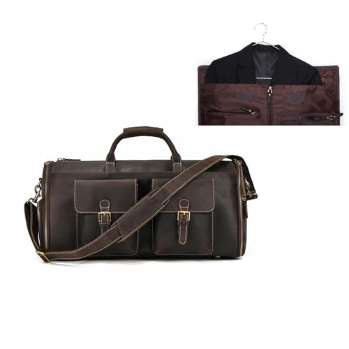 Convertible Garment Bag with Shoes Compartment Full Grain Leather Carry on Duffle Bag for Men Women Hanging Weekender Business Suitcase for Travel Suit Coffee