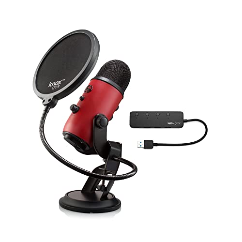Blue Microphones Yeti USB Microphone (Satin Red) with Knox Gear Pop Filter and 3.0 4 Port USB Hub Bundle
