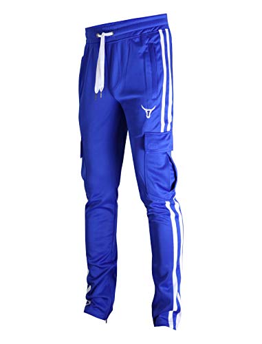 SCREENSHOT-S41900 Mens Hip Hop Premium Slim Fit Cargo Pocket Track Pants - Athletic Jogger Bottoms with Side Taping-Royal-Medium