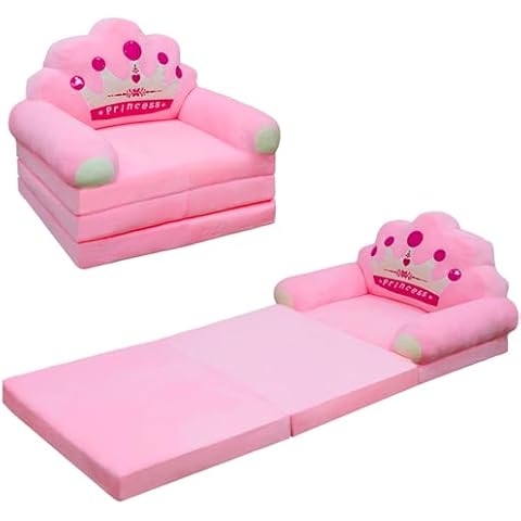 PLYFOU Kids Fold Out Couch, Couch for Toddlers 1-3, 2-in-1 Foldable Princess Chair for Toddlers, Mini Couch for Kids Reading and Napping, Idea for Girls, Pink Cover