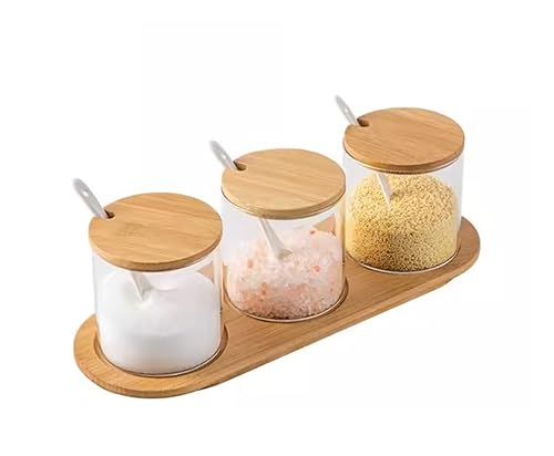 TOTIKI Tarro De Condimentos Conjunto De Caja De Condimentos De Vidrio, Botella De Especias, Contenedor De Condimentos, Caja De Condimentos con Tapa Y Base De Bambú Accesorios De Cocina(3pcs)