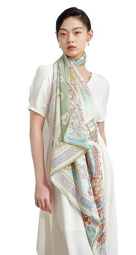 Grace Scarves 100% Silk Double-Sided Scarf With Hand Rolled Edges, Extra-Large, Twill, Dream Reminiscing, Green & Blue