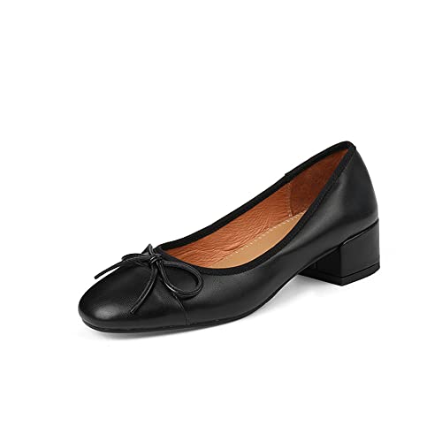 Women's Genuine Leather Handmade Cute Bow Knot Slip On Round Toe Low Chunky Heel Ballet Pumps