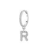 Stfery Pendientes de aro de oro blanco de 9 quilates para mujer, oro real, con letra R, aretes colgantes de moissanita AU375 para ella