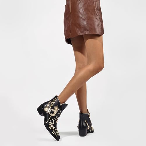 Women’s Western Ankle Boots Star Embroidered Cowgirl Boots Pointed Toe Low Heel with Metal Buckle for Festivals Concerts and Outdoor Adventures4