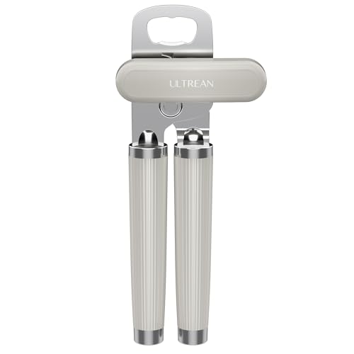 Ultrean Manual Can Opener Bottle Opener, Heavy Duty Stainless Steel Smooth Edge Manual Hand Held Can Opener With Soft Touch Handle, Rust Proof Oversized Handheld Easy Turn Knob (Light Gray)