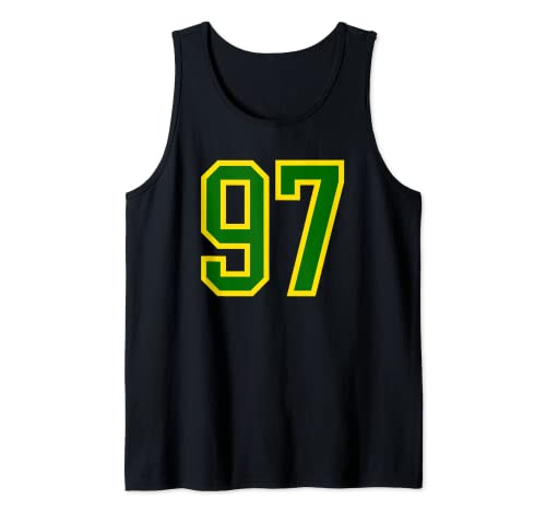 Número de camiseta # 97 de cumpleaños verde amarillo número deportivo 97 Camiseta sin Mangas