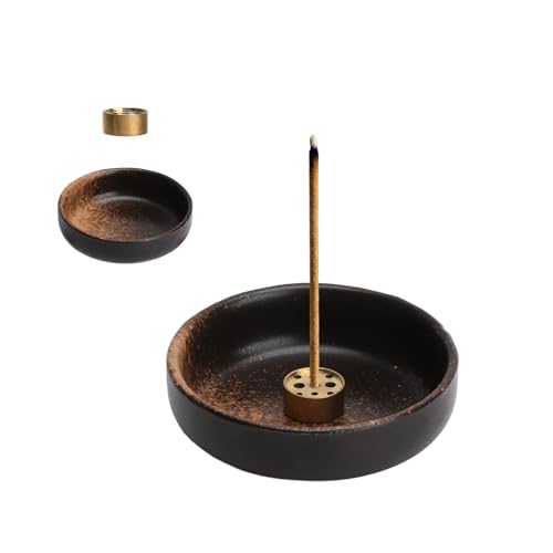 VOSSOT Porta Incienso Porta inciensos Porta Incienso cerámica Soporte Incienso incensario de cerámica, Cuenco 9 cm recogecenizas con Inserto de latón 9 Agujeros, para meditación y Yoga en casa