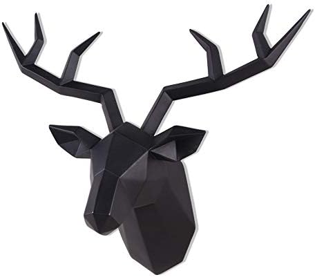 Deer Head Wall Decor Geometrical Black Deer Antlers Wall Sculpture Faux Taxidermy Resin Wall Animal Head 14x5.5x11 Inches