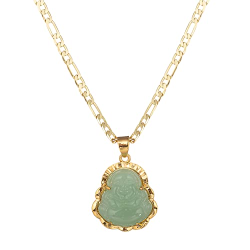 kelistom 14K Gold Plated Buddha Pendant Necklace for Women Men 3MM Flat Figaro Chain Necklace Blue Green Pink White Yellow Buddha Head