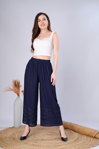 Image of VIVIKA Chikankari Palazzo Pants for Women |Rayon Wide Leg Ethnic Palazo with Embroidery | Comfortable Elastic Waist Women's Palazzo for Casual, Festive & Office Wear