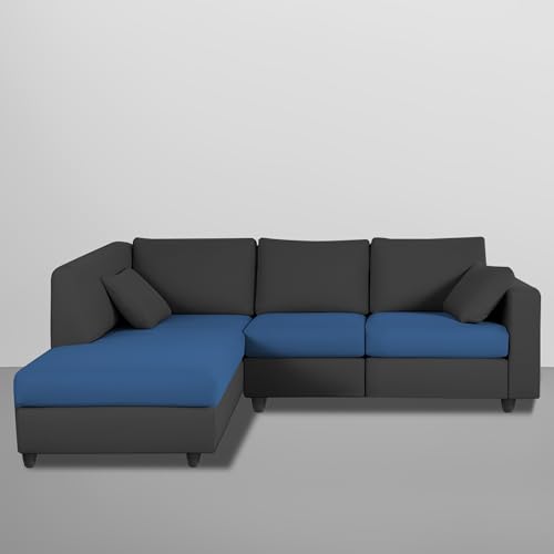 Image of Florian LHS 4 Seater L Shape Sofa Set for Living Room (Blue Black Fabric) Premium Fabric Sofa