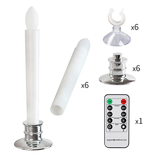 Image of 6 Pack Flameless Taper Candles with Remote /Timer & Suction Cup, Battery Operated Flickering LED Window Candles, Vintage Christmas Electric Fake Candlesticks, Silver Holder