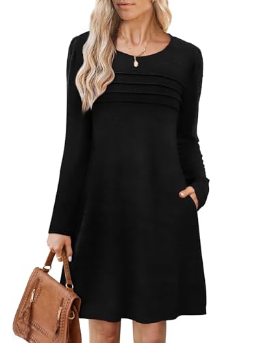 Image of OFEEFAN Womens Long Sleeve Tunic Dress Fall Fashion Sweater Dress with Pockets Pleated Front Casual Winter