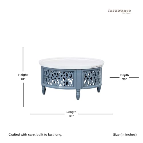 Image of Wooden Carved Coffee Table for Living Room | Center Table for Living Room Furniture | Solid Wood Round Tea Table for Home | Durable & Stylish Coffee Table for Home, Bedroom & Office (Grey)