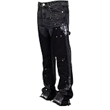 Expeum Pantalones de mezclilla de moda callejera empalme elástico graffiti pintura en aerosol de puntos apilados acampanados casuales para viajeros de pierna recta para hombre, Negro, L/XL