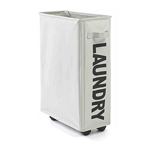 Vivva Slim Laundry Basket with Leather Handle on Wheels, Foldable Corner Storage Bins, Collapsible Rolling Laundry Hamper(Light Grey)