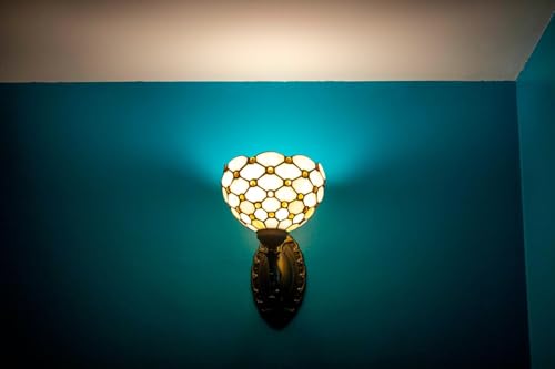 Image of Tiffany Style Wall Sconce Amber White Pearls Stained Glass Bedside Lamp with Classic 8 Inches Lampshade for Bedroom Hallway Living Room Home Office