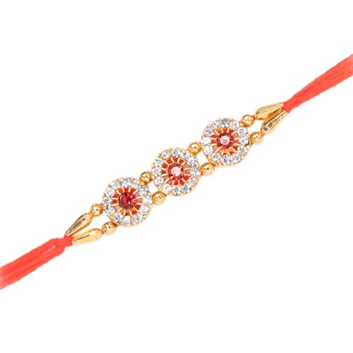 Image of Peora Om Shree Ram Swastik Rakhi for Brother Bhaiya | Crystal & Beads Studded | Red Thread | Raksha Bandhan Hamper with Roli Chawal Greeting Card