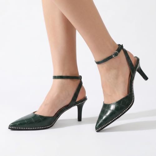 Image of SAMMITOP Kitten Heels for Women Low Heel Closed Toe Ankle Strap Pumps Wedding Party Beaded Dress Shoes 2.4 Inch