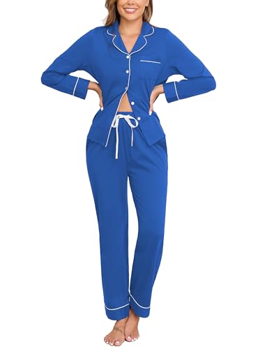 Image of Veseacky 100% Cotton Women's Pajama Set Long Sleeve Button Down Sleepwear Soft Pjs Lounge Sets Nightwear Pjs XS-XXL