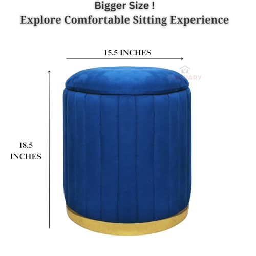 Image of Round Velvet Luxurious Storage Ottoman, Pouf with Storage Vanity Stool Chair,Upholstered Foot Rest Stool with Gold Strip Base for Living Room or Bedroom (Blue., Large-40Dx40Wx46H)