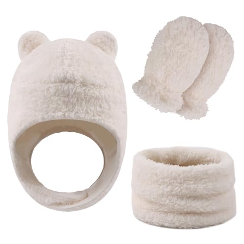 Fleece Baby Hat Scarf Mitten Set Winter Toddler Beanie Warm Mittens Infant Scarves Ears Earflap Hats for Baby Boys Girls