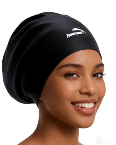 Zoomsnail X-Large Silicone Swim Cap for Long Hair Waterproof Anti-Leak Seal for Braids Dreadlocks Weaves Afros & Curls Swimming Cap for Women & Men Idea for Pool Beach Swimming (Black XL)