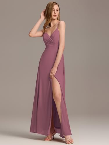 Image of Ever-Pretty Women's Summer Backless Spaghetti Straps Bridesmaid Dresses Chiffon V-Neck Slit Long Formal Wedding Guest Dress