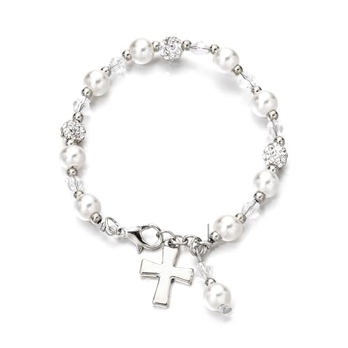Girls 2Pcs First Holy Communion Veil White Bow Hair Comb Crystal Cross Wedding Headpiece Bracelet Set4